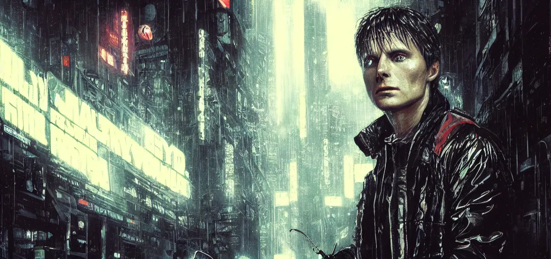 Prompt: detailed film still portrait of marty mcfly in the movie blade runner, cyberpunk futuristic, neon, reflective puffy coat, decorated with traditional japanese by smail inceoglu dragan bibin hans thoma greg rutkowski alexandros pyromallis nekro, illustrated, fine details, realistic shaded, fine - face,