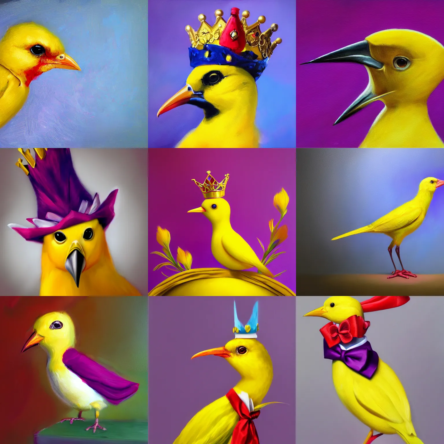 Prompt: an elegant yellow bird wearing a crown and a red bow tie, purple background, realistic oil painting, artstation, detailed, 4k, high quality