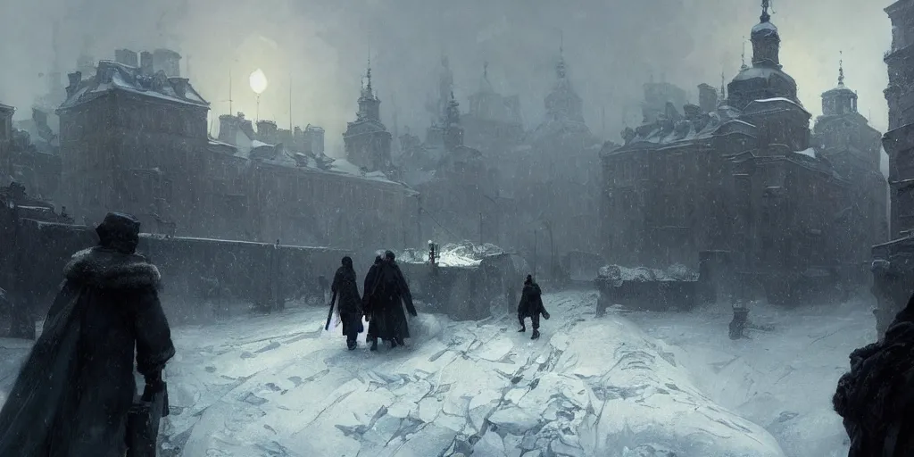 Image similar to snowpiercer travels through the icy city of warsaw, poland. frostpunk by greg rutkowski, gustave courbet, rosa bonheur, edward hopper. faithfully depicted architecture, realistic, sharp focus, global illumination, radiant light, detailed and intricate environment, trending on artstation