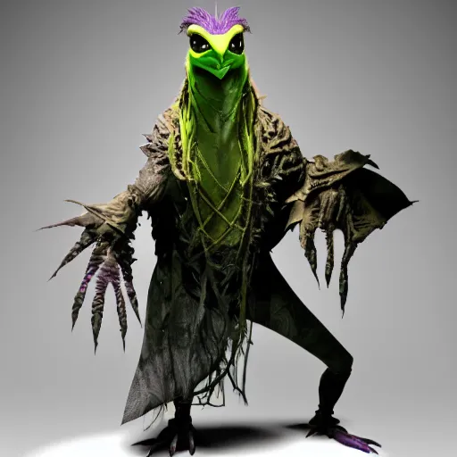 Image similar to evil skeksis from the dark crystal. dark undertones. volumetric lighting.