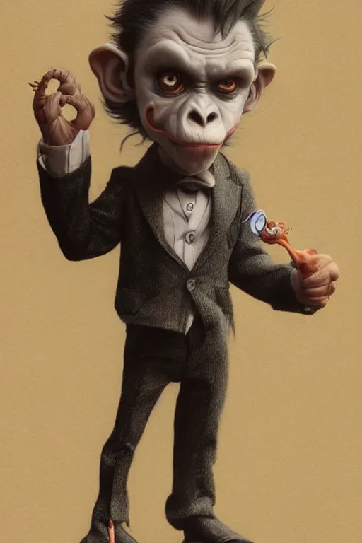 Image similar to cute adorable miniature Joker but he's an ape kid in a business suit, realistic and ultra intricate detailed soft painting, volumetric lighting, mist, Artstation, Tom Bagshaw Yasushi Nirasawa Moebius artstyle, unreal render, depth of field