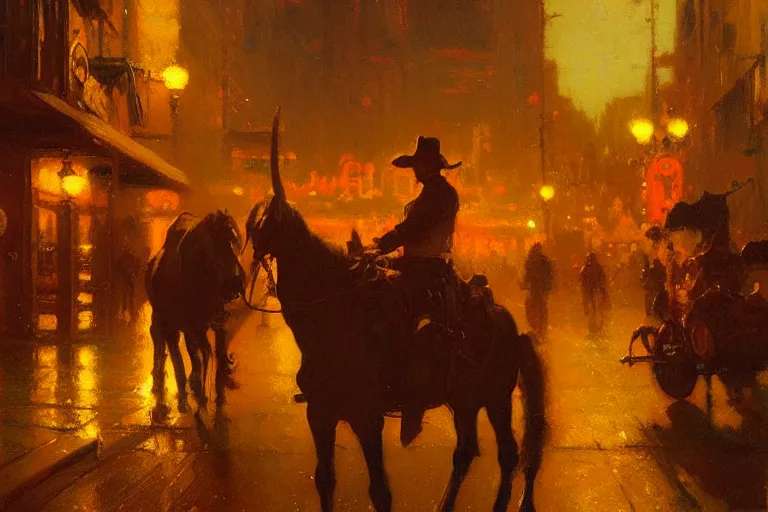 Image similar to western, night, neon light, painting by gaston bussiere, craig mullins, j. c. leyendecker