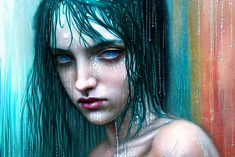 Image similar to girl finding freedom in rain with wet hair and face, teal, fantasy, intricate, elegant, dramatic lighting, emotionally evoking symbolic metaphor, highly detailed, lifelike, photorealistic, digital painting, artstation, concept art, smooth, sharp focus, illustration, art by John Collier and Albert Aublet and Krenz Cushart and Artem Demura and Alphonse Mucha