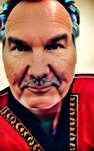 Image similar to Norm MacDonald wearing Mongolian armor, high angle, iPhone selfie