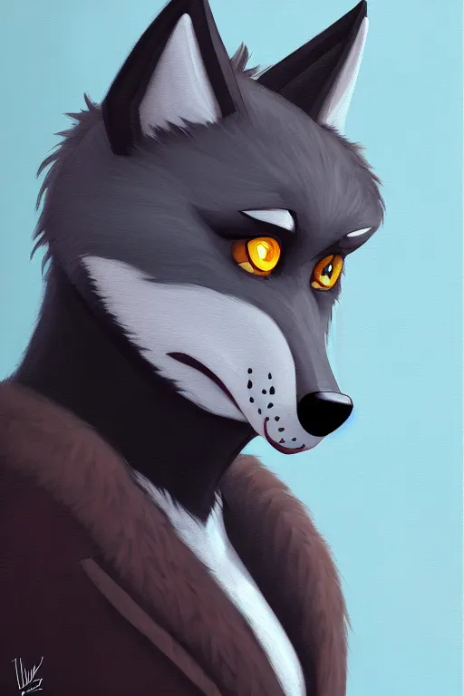 Image similar to oil painting of anthromorphic female wolf, in style of cory loftis, female fursona, furry, furaffinity, 4 k, deviantart, furry art, fursona art, wearing black business suit, business suit, in style of cory loftis, wolf fursona, cyberpunk, female, very expressive detailed feminine face,