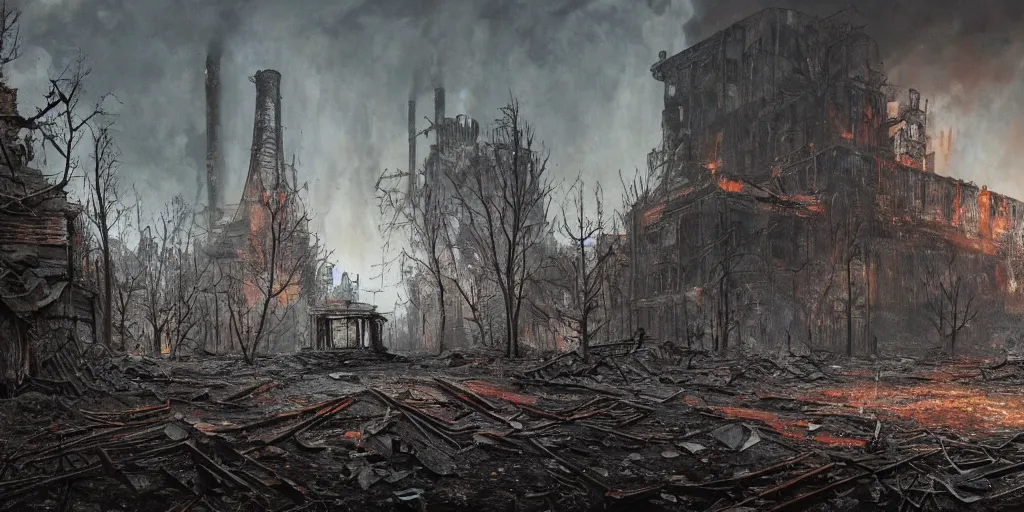 Image similar to A ghoul roaming an abandoned burned down nuclear power plant as concept art for Metro Exodus, winter season, nuclear ash falling, abandoned ruined buildings, oil painting, painting by Viktor Vasnetsov, concept art, fantasy cityscape, brutalist architecture, painting by Ivan Shishkin and Alphonse Mucha, hyperborea, high resolution, trending on artstation,