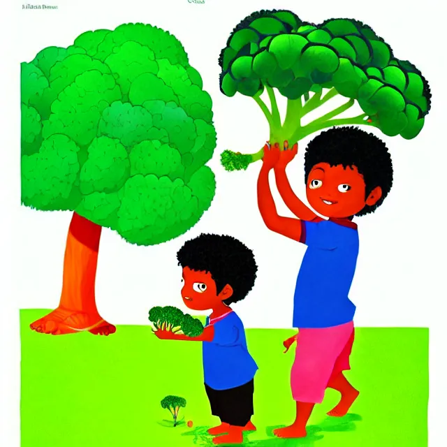 Prompt: professional kids book illustration of a South Indian !toddler! boy pulling a friendly anthropomorphic (broccoli) out of the ground, best on artstation,, astonishing, impressive, outstanding, cheerful, stunning, masterpiece by Eric Carle.