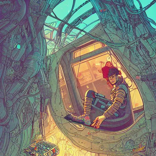 Prompt: Stunningly intricate illustration of an explorer playing video games in his treehouse, wearing cyberpunk headpiece, highly detailed, midnight, by Josan Gonzalez and James Gilleard , Moebius, Laurie Greasley