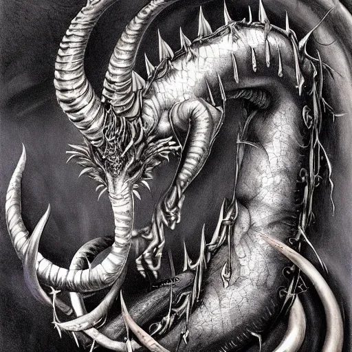 Prompt: a portrait of a dark music dragon, detailed, fantasy, scary, realistic, frightening, ornate, horns, spikes, incredible, masterpiece, amazing, wow!, sense of awe, award winning, greg rutowski, bosch, mc escher, dali