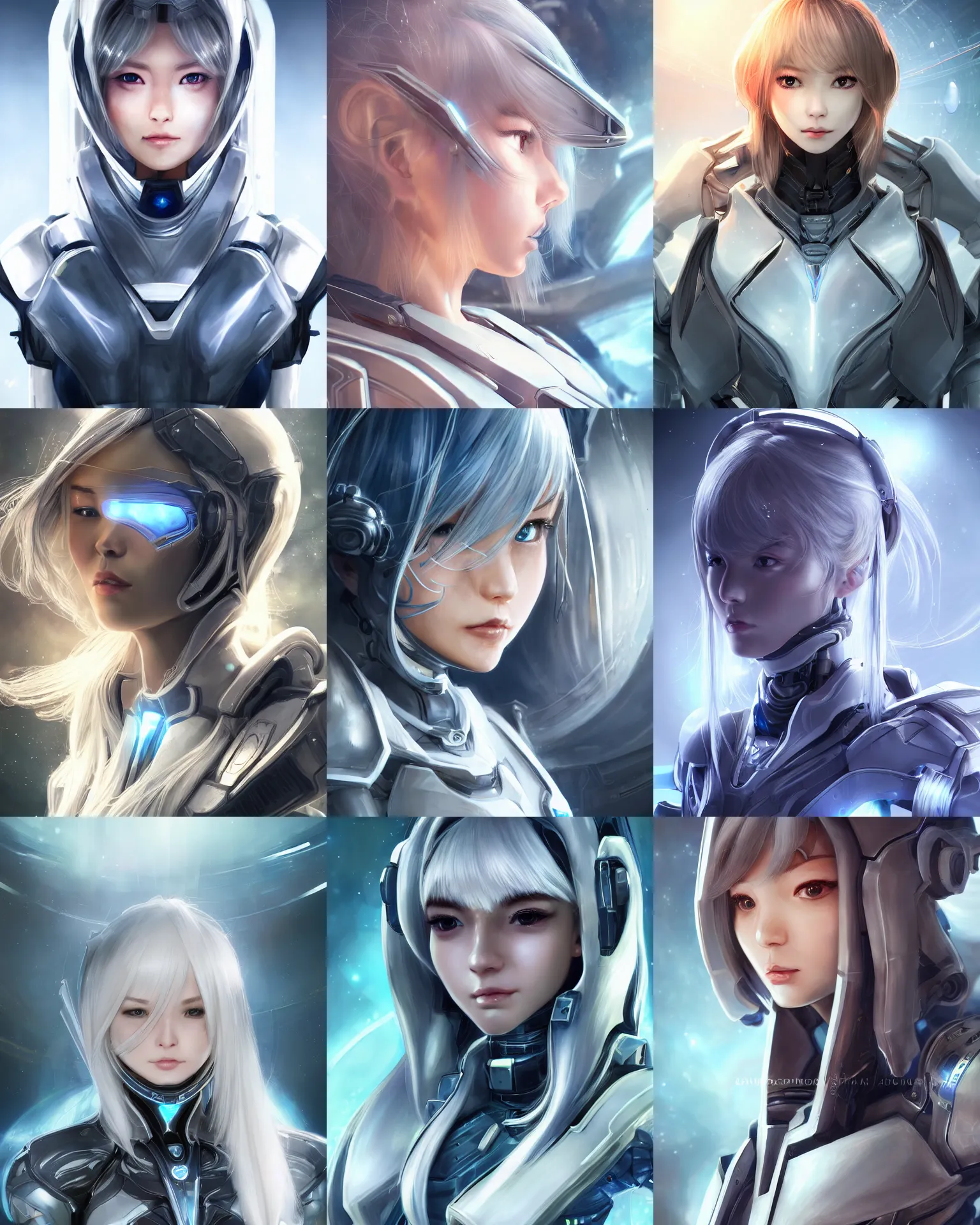 Image similar to detailed portrait of perfect android girl, warframe armor, beautiful face, scifi, futuristic, space station, laboratory, song hye - kyo, dreamy, long white hair, blue cyborg eyes, cinematic lighting, innocent, highly detailed, sharp focus, smooth, artstation, intricate, award winning, pure aura, divine, by akihiko yoshida