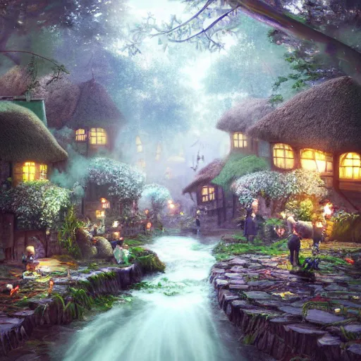 Image similar to forest grove, little gnomes, wooden moss covered houses, birds, flowing streams, cobblestone, windows lit up, thatched roofs, smoke puffing from chimneys, great forest trees, beautiful flowers, magical sunlight, yoshitaka amano, stunning, trending, best ever digital illustration,