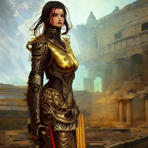 Image similar to portrait knights of Zodiac girl, metallic black and reddish color reflected armor, in ruined Agora of Athens, ssci-fi, fantasy, intricate, very very beautiful, elegant, golden light, highly detailed, digital painting, artstation, concept art, smooth, sharp focus, illustration, art by WLOP and tian zi and alphonse mucha