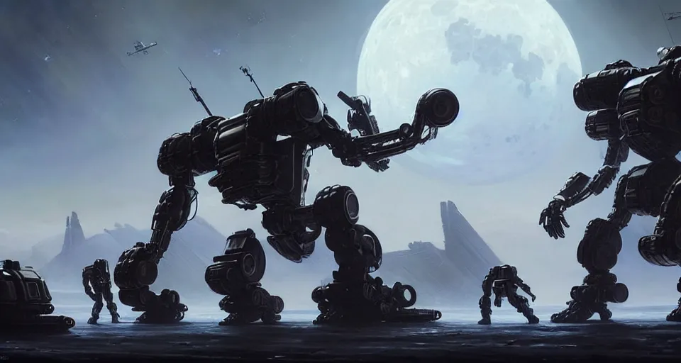 Image similar to hyper realistic sci - fi matte concept art painting of humanoid battlemechs fighting on the moon, guns, missiles, explosions, beautiful details, strong composition painted by kim jung guweta studio rutkowski, james gurney and greg rutkowski, and lucasfilm, smooth, intricate, detailed, sharp focus, cinematic