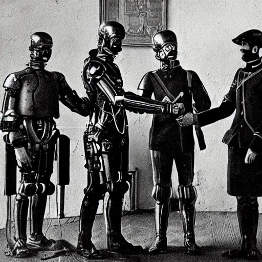 Prompt: grainy 1800s photo of a cybernetic soldier in a city shaking hands with a human