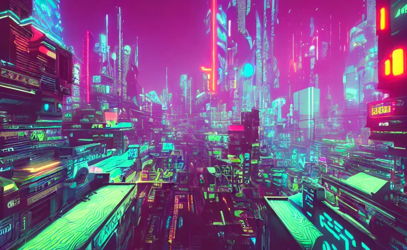 Image similar to Wide angle shot of a cyberpunk city with neon lights and holographic fishes floating in the sky by Petros Afshar and Beeple, James Gilleard, Mark Ryden, Wolfgang Lettl highly detailed