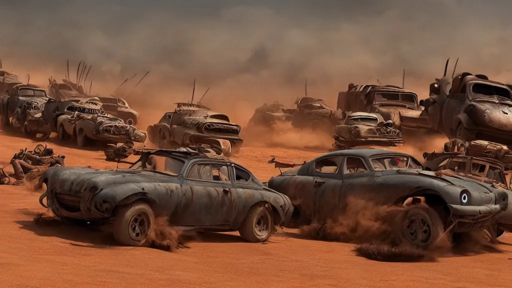 Image similar to pixar cars in mad max fury road, cartoon eyes, war boys, furiosa, explosions, imax