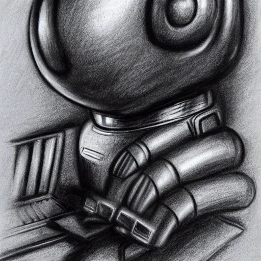 Prompt: robot using a computer, charcoal drawing, high detail