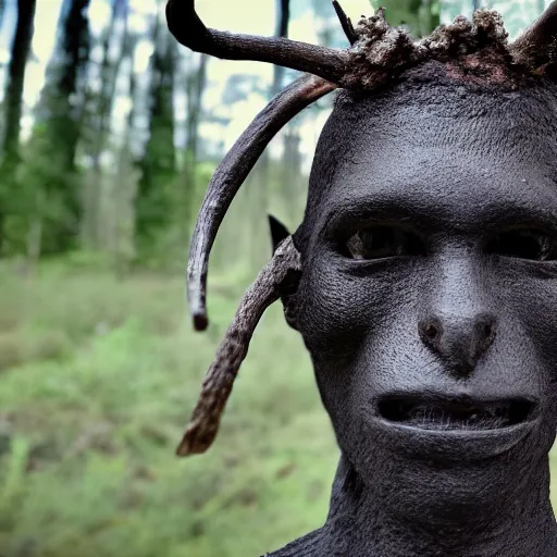 Image similar to photo of a black humanoid figure with antlers on his head, no facial features, near a pond, horror setting, photorealistic,