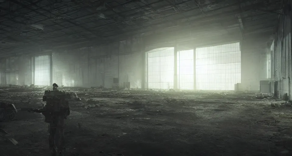 Image similar to abandoned warehouse at night filled with hired mercenaries patrolling the area, 3 d video game, atmosphere, octane render, depth of field, unreal engine 5, moody colors, trending on artstation, ultra high detail, ultra realistic, cinematic, focused, 8 k