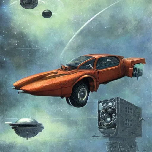 Prompt: ussr, soviet, rusty, car iz 2 1 2 5!!! as a realistic scifi spaceship!!!, floating in space, thrusters placed instead of wheels!!, wide angle shot art by donato giancola and greg rutkowski, vintage retro scifi, realistic space, digital art, trending on artstation, symmetry!!!