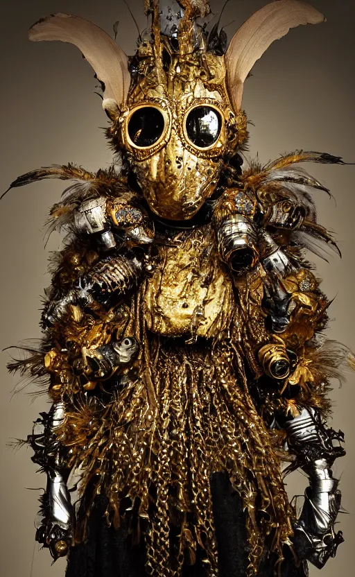 Image similar to full size golden armor, cultist robe, flower mask, ornate, made of sniny latex, feathers, crystals, and smoke by giger and irene van herpen + cyberpunk + steampunk + bees + flowers, insects, honeycombs + sharpened + extremely detailed + harsh gallery lighting + cinematic