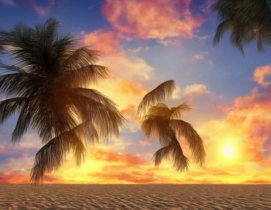 Image similar to 3 d rendering o photorealistic flying sandy beach flat planet with one exotic palm tree, sunset lighting