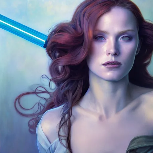 Prompt: Portrait of Mara Jade and blue Lightsaber from Star Wars drawn by Donato Giancola and Tom Bagshaw, face by Artgerm, overall design by Alphonse Mucha, background by James Jean and Gustav Klimt, light by Julie Bell, 4k, porcelain skin, komorebi, french nouveau, trending on artstation, octane render, hyperrealistic