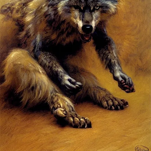 Prompt: a portrait of a furry wolf wearing clothes, hairy, furry body, furry arms, feet, tail. highly detailed painting by gaston bussiere, craig mullins, j. c. leyendecker, furry