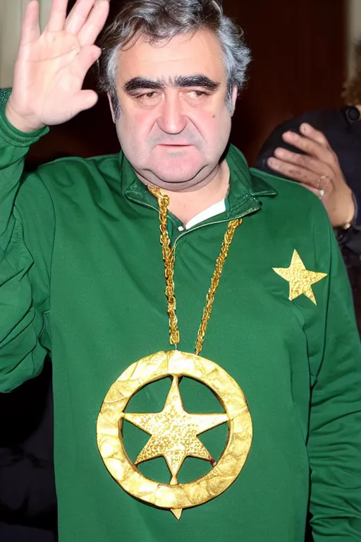 Prompt: gordon brown mixed with john belushi, dark black hair, wearing a green umbro tracksuit and gold necklace star shaped medallion, hands raised in the air,