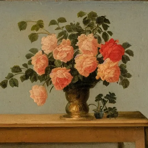 Prompt: dutch golden age painting of a wall of roses