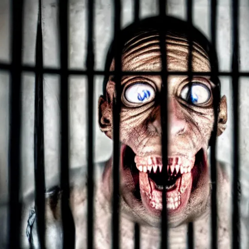 Image similar to humanoid scary lizard man in a prison cell, holding the bars and crying out for help