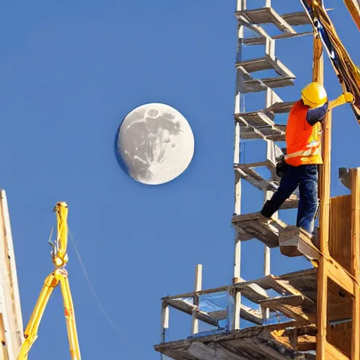 Prompt: two construction workers removing the moon from the sky