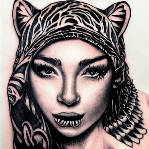 Image similar to tattoo design of a beautiful girl face, the girl is wearing a tiger head hat, hyper detailed, in the design of eliot kohek