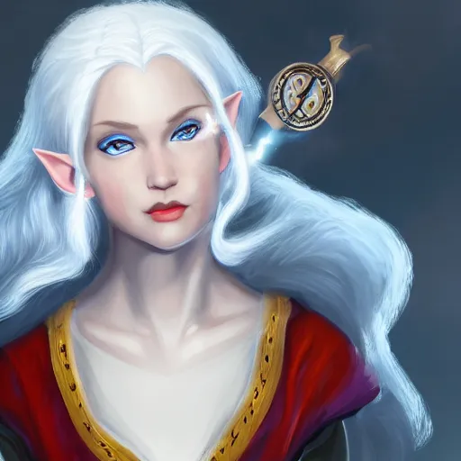 Image similar to Beautiful white haired aged fair skinned scholar elf with spell scroll and lightning background, full body, symmetrical, realism, digital painting, detailed artwork, portrait, mythical, artstation