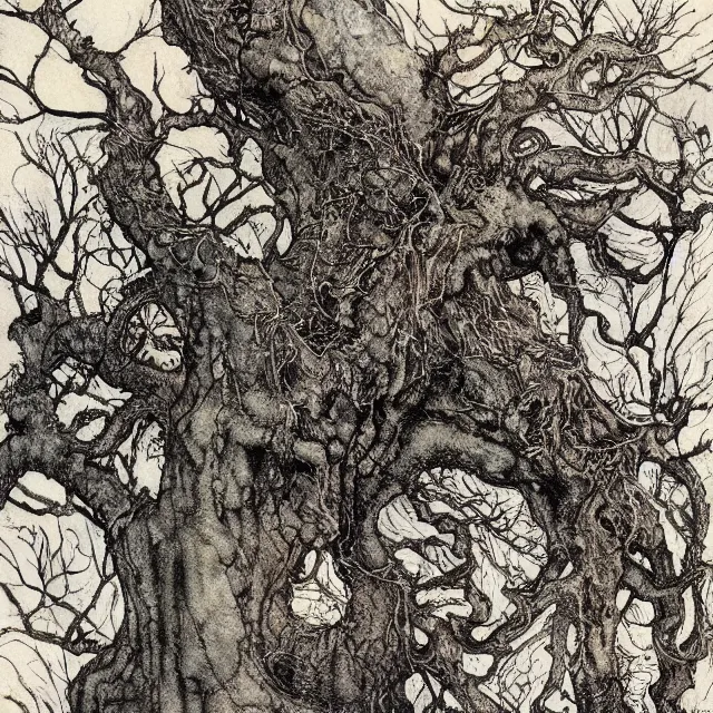 Image similar to a detailed, intricate watercolor and ink portrait illustration with fine lines, of a mossy oak tree, by arthur rackham and edmund dulac and ted nutall