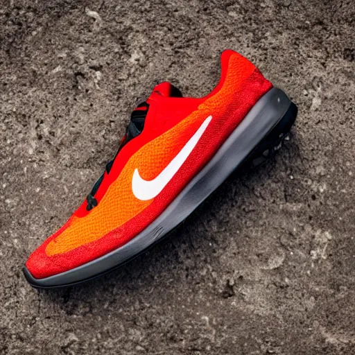 Prompt: Nike causal shoe inspired by volcanos and lava. Sigma 85mm f/8, high detail, bright color scheme,