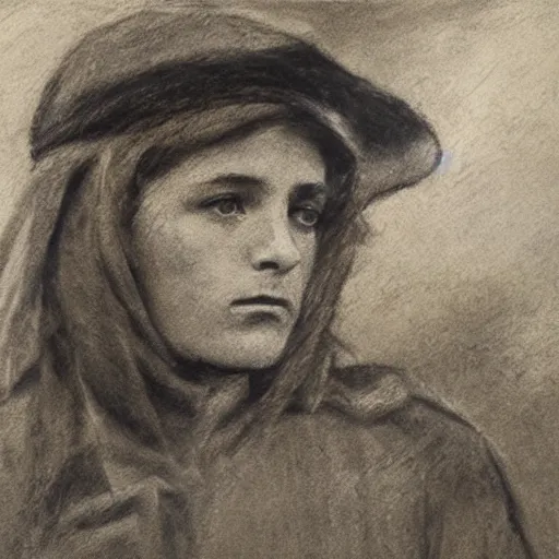 Image similar to ww 1 action heroine, by alfred stevens in charcoal