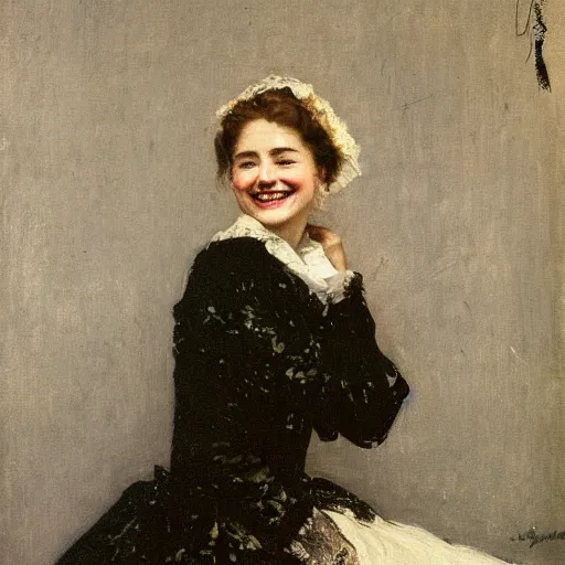 Prompt: young victorian lady laughing, painted by alfred stevens