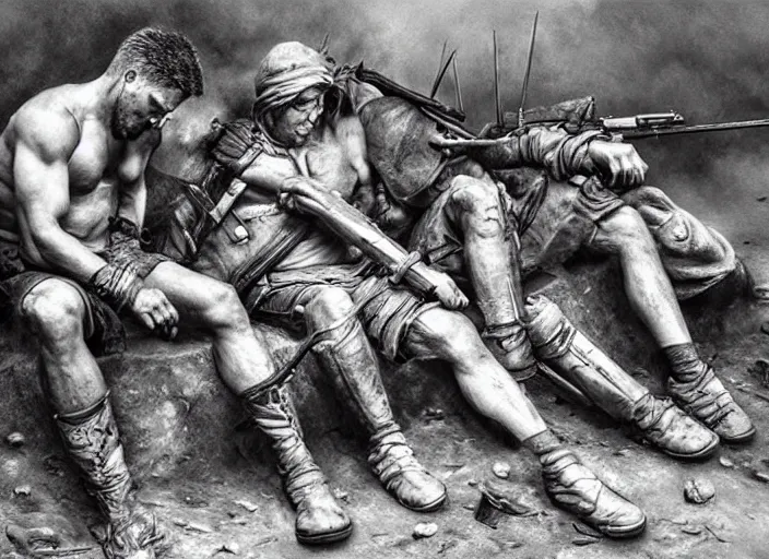 Image similar to after the battle, the warriors take their rest, art by denys tsiperko and bogdan rezunenko, hyperrealism