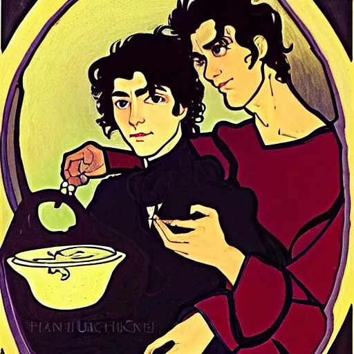 Prompt: painting of young cute handsome beautiful dark medium wavy hair man in his 2 0 s named shadow taehyung and cute handsome beautiful min - jun together at the halloween witchcraft party using bubbling cauldron, spells, autumn colors, elegant, ritual, stylized, soft facial features, delicate facial features, art by alphonse mucha, vincent van gogh, egon schiele