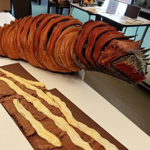 Image similar to a spinosaurus made of croissant