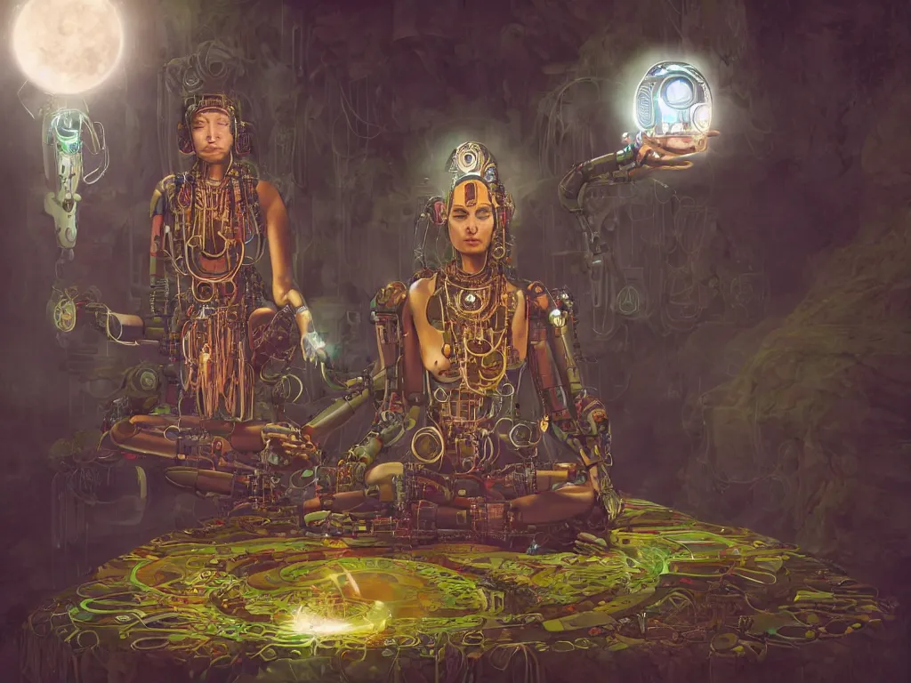 Image similar to an ancient mystical female shaman meditating in a cybernetic robot temple