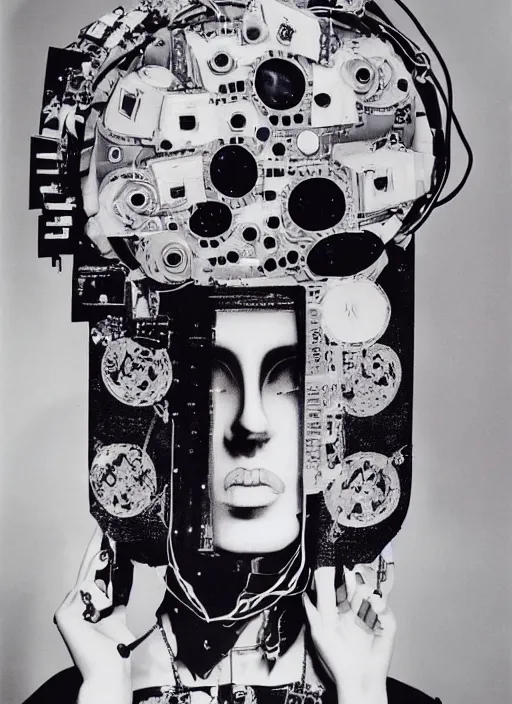 Prompt: Portrait of a punk goth fashion fractal cosmonaut girl with a television head wearing kimono made of circuits and leds, surreal photography by Man Ray