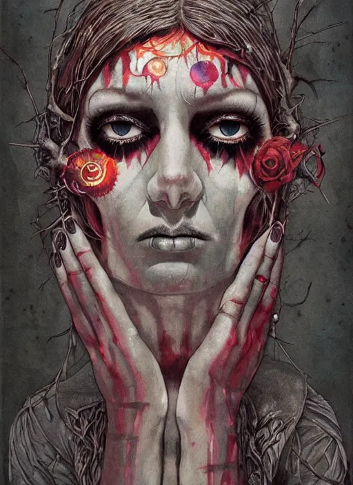 Image similar to tripping magic cult psychic woman, painted face, third eye, energetic consciousness psychedelic, epic surrealism expressionism symbolism, symmetrical face, dark myth mythos, by joao ruas, masterpiece