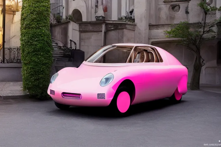 Prompt: Elegant photography of the pink panther car designed by Tesla