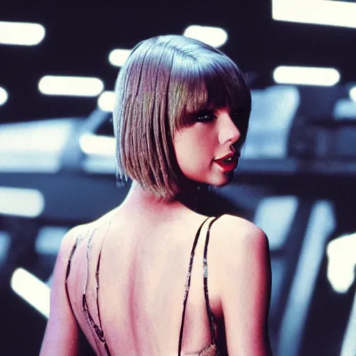 Image similar to Taylor Swift in Blade Runner, cyberpunk, cinematic film still