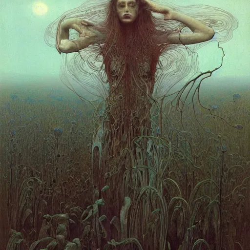 Image similar to creepy landscape by zdzisław beksinski, iris van herpen, raymond swanland and alphonse mucha. highly detailed, hyper - real, beautiful