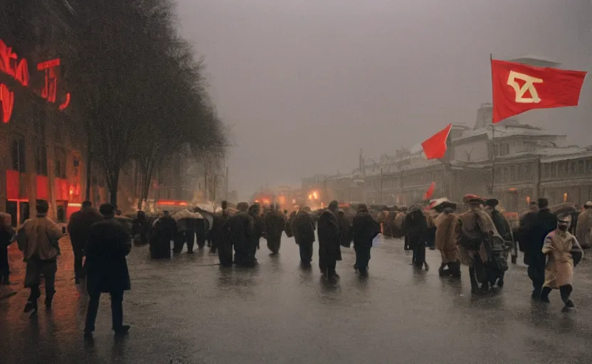 Image similar to 40s movie still of a sovietic street with many pedestrians with stalinist style building, Cinestill 800t 18mm, heavy grainy picture, very detailed, high quality, 4k panoramic, HD criterion, dramatic lightning, streetlight at night, rain, mud, foggy, soviet flags