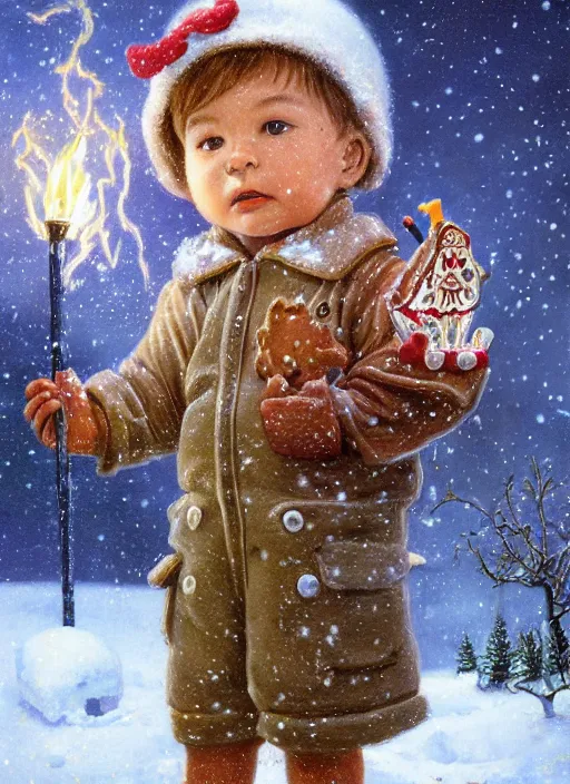 Prompt: close-up portrait of little boy wearing a little backpack finding a gingerbread house in the snow, winter scene fantasy, fireflies, torch light, scary creatures in background, intricate, elegant, highly detailed, centered, smooth, sharp focus, Donato Giancola, Joseph Christian Leyendecker, WLOP, Boris Vallejo, Artgerm