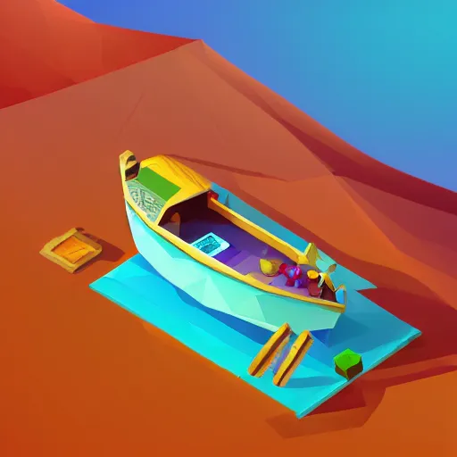 Prompt: boat in the dessert filled with gems, game concept, low poly, isometric